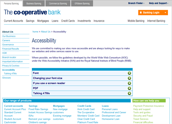 영국의 '더 코퍼레이티브 은행' 웹사이트에서 장애인을 위한 서비스 항목 페이지